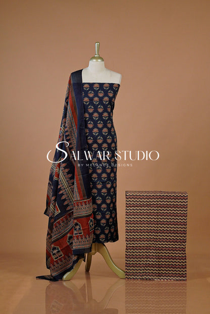 Printed Cotton Unstitched Salwar Suit Dress Material Blue Black AC0212