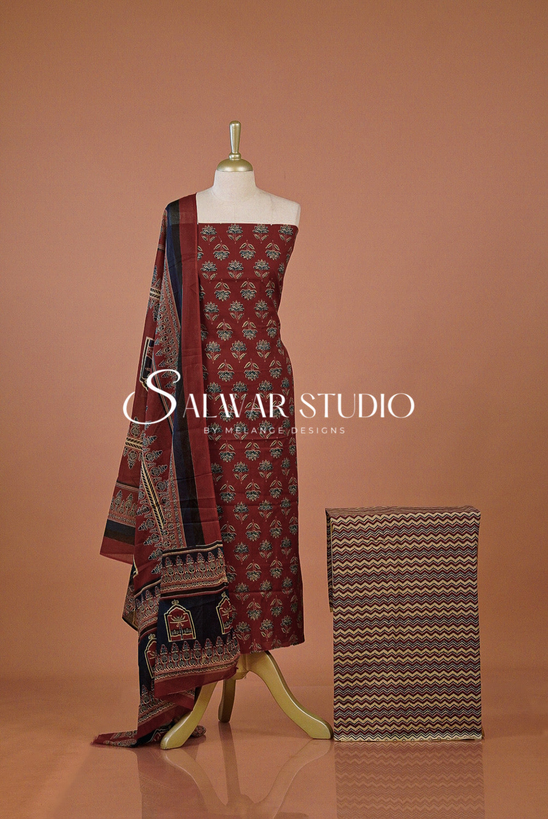 Printed Cotton Unstitched Salwar Suit Dress Material Burnt Red AC0213
