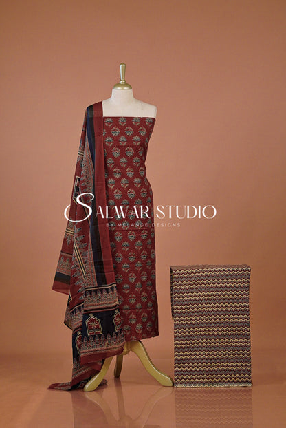 Printed Cotton Unstitched Salwar Suit Dress Material Burnt Red AC0213