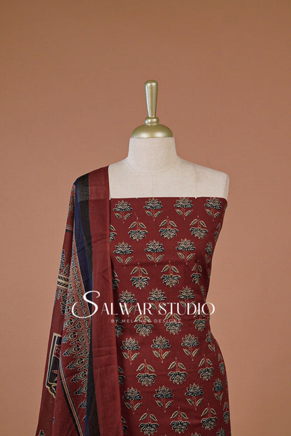 Printed Cotton Unstitched Salwar Suit Dress Material Burnt Red AC0213