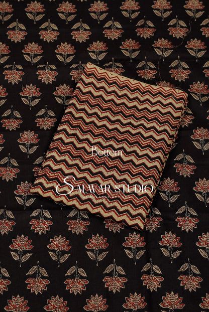 Printed Cotton Unstitched Salwar Suit Dress Material Black AC0214