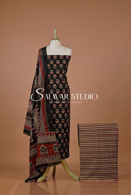 Printed Cotton Unstitched Salwar Suit Dress Material Black AC0214