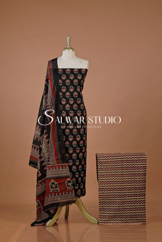 Printed Cotton Unstitched Salwar Suit Dress Material Black AC0214