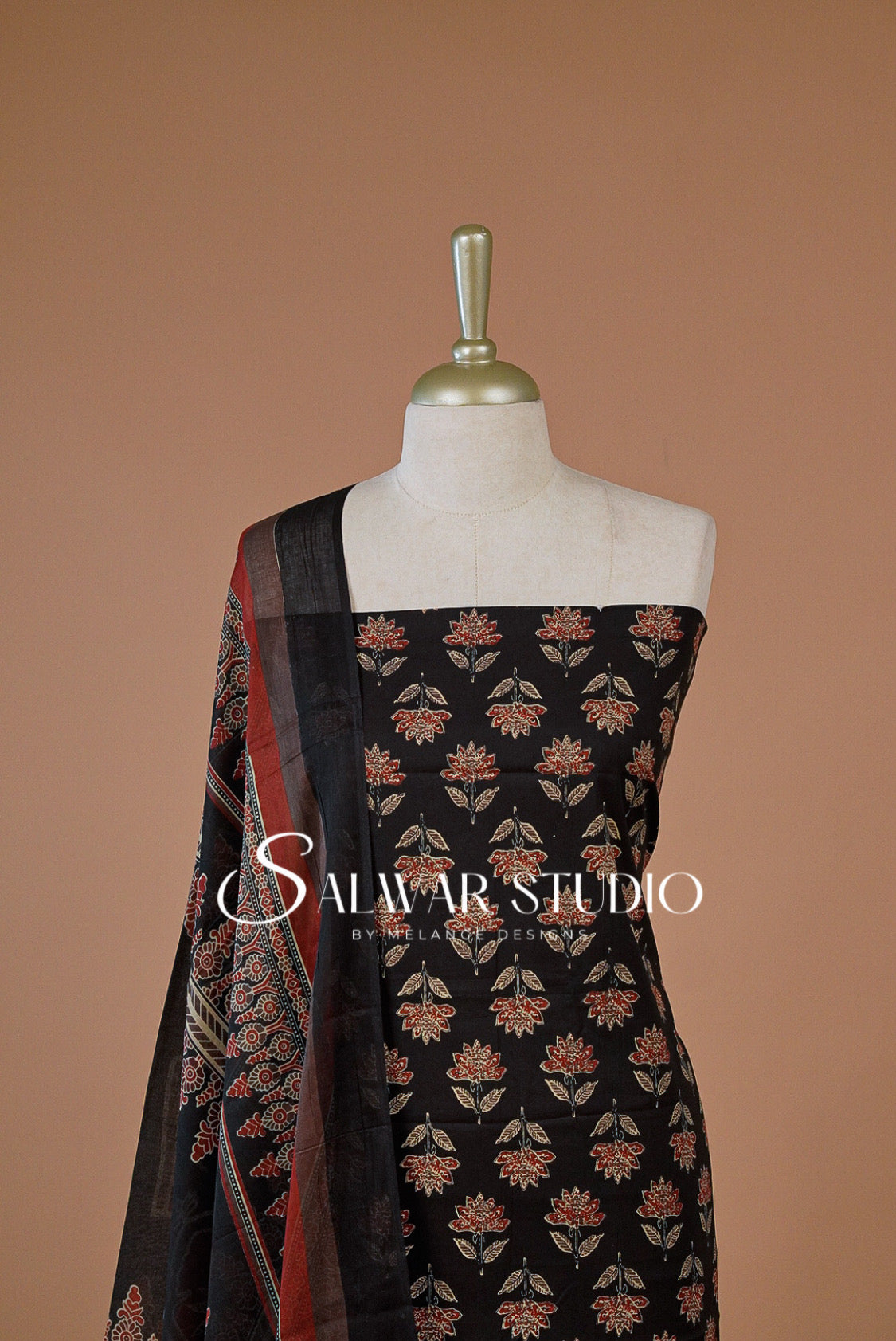 Printed Cotton Unstitched Salwar Suit Dress Material Black AC0214