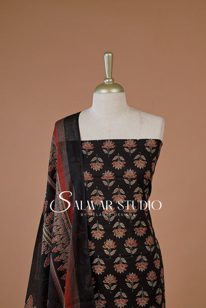 Printed Cotton Unstitched Salwar Suit Dress Material Black AC0214