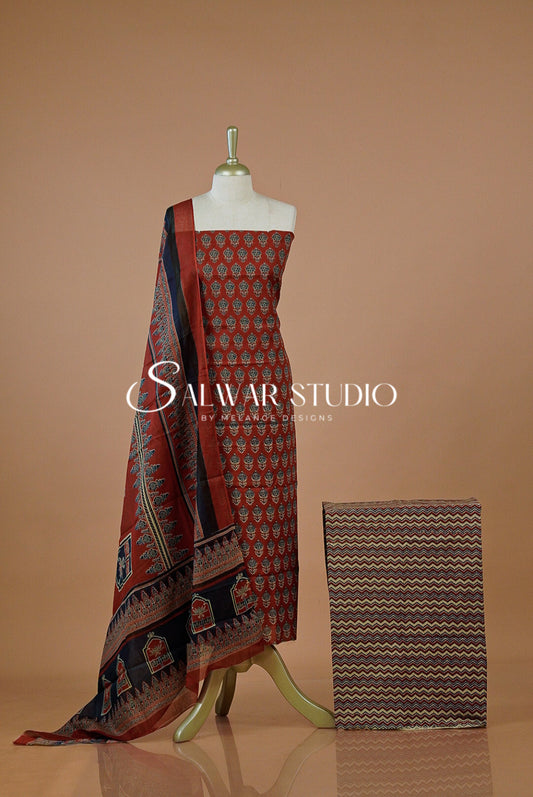 Printed Cotton Unstitched Salwar Suit Dress Material Brown AC0217