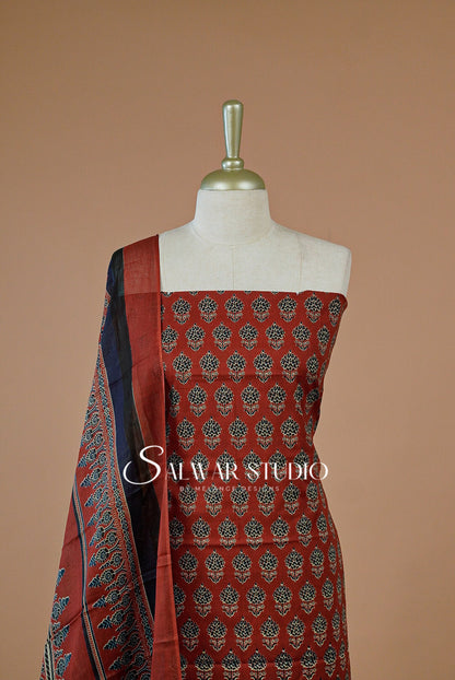 Printed Cotton Unstitched Salwar Suit Dress Material Brown AC0217
