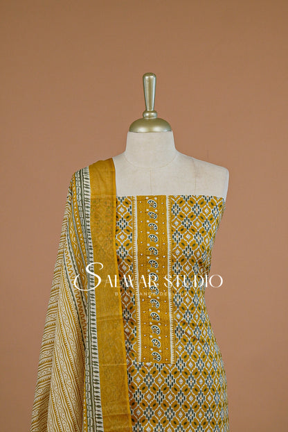 Printed Cotton Unstitched Salwar Suit Dress Material  Mustard Yellow AC0240