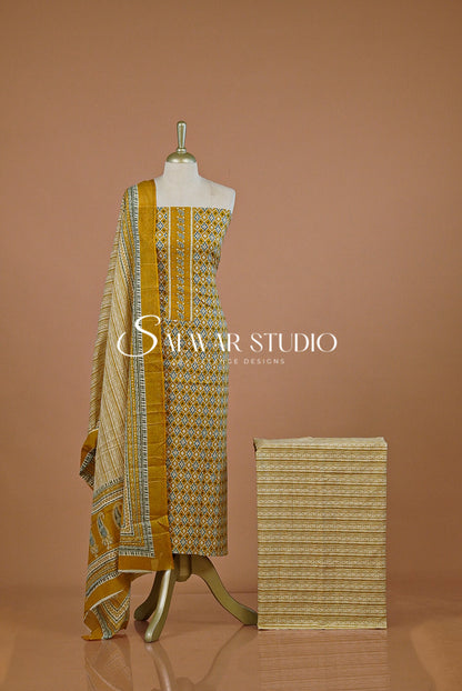 Printed Cotton Unstitched Salwar Suit Dress Material  Mustard Yellow AC0240