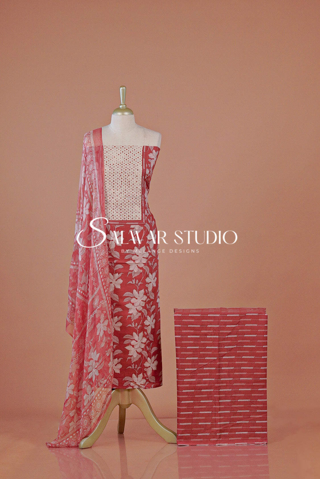 Printed Cotton Unstitched Salwar Suit Dress Material Warm Brick Red AC0262