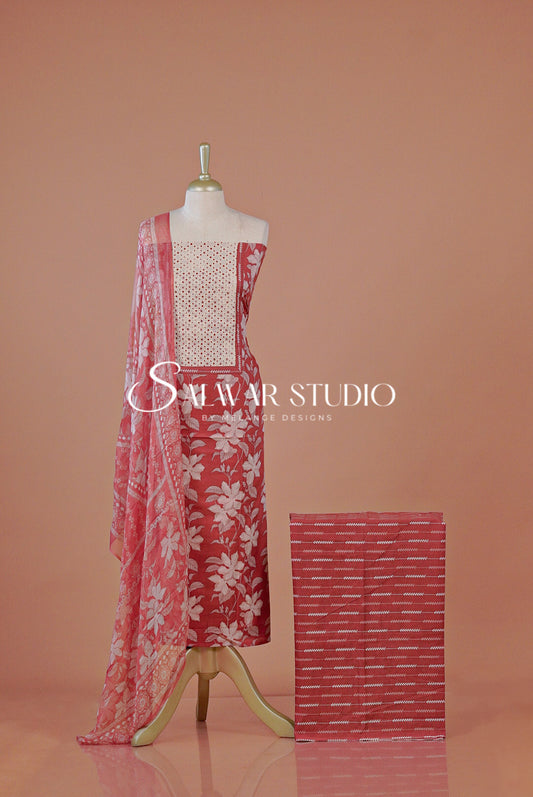 Printed Cotton Unstitched Salwar Suit Dress Material Warm Brick Red AC0262