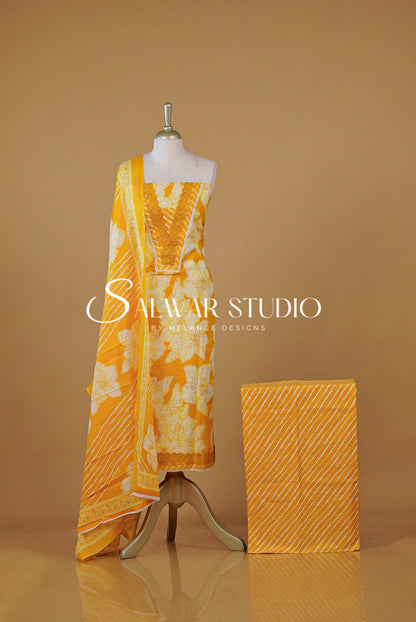 Printed Cotton Unstitched Salwar Suit Dress Material Yellow AC0274