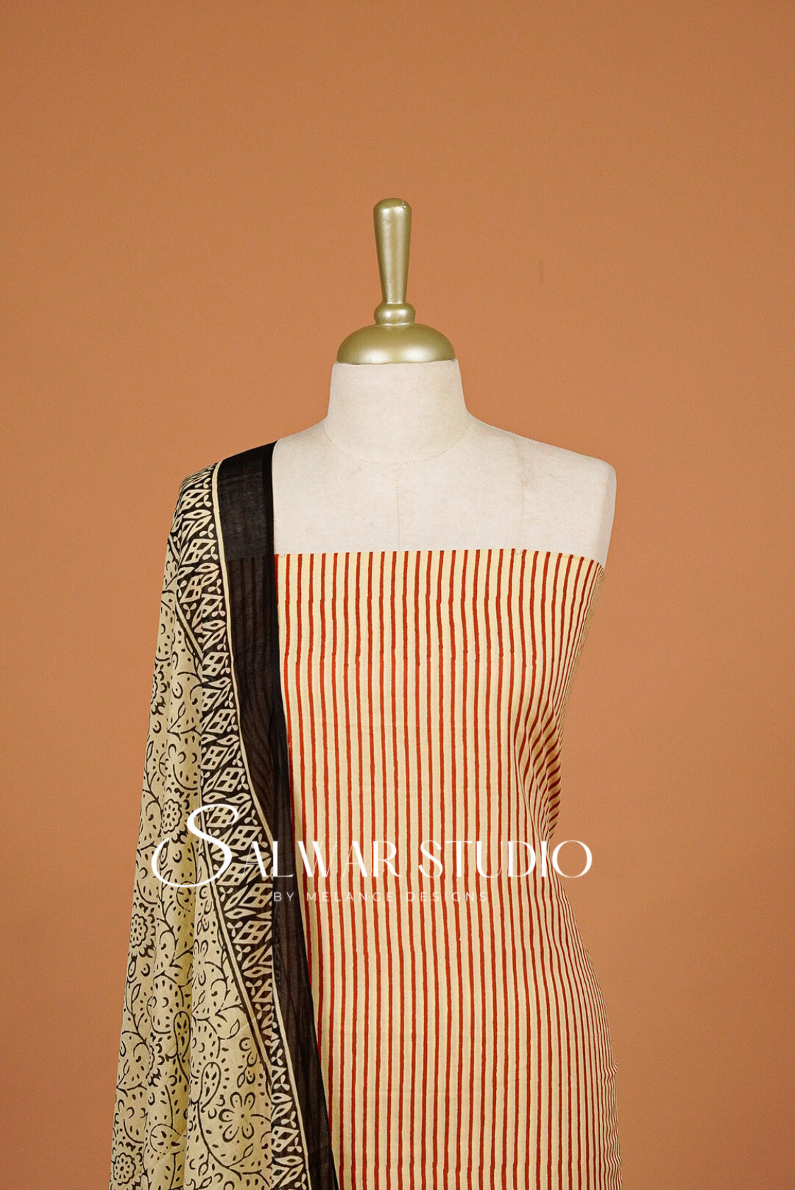 Printed Cotton Unstitched Salwar Suit Dress Material Cream with Rust-Red AC0323