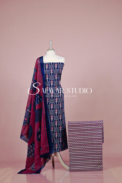 Printed Cotton Unstitched Salwar Suit Dress Material Navy Blue AC0325