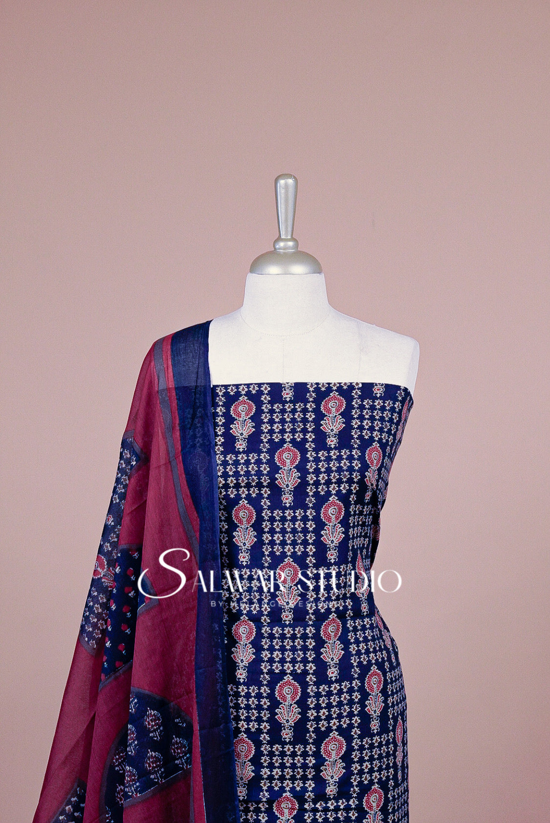 Printed Cotton Unstitched Salwar Suit Dress Material Navy Blue AC0325
