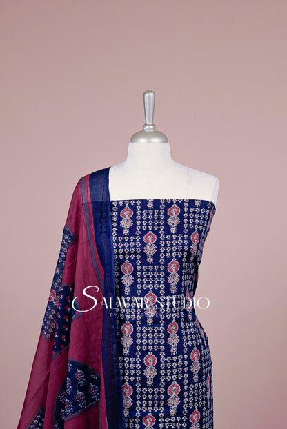 Printed Cotton Unstitched Salwar Suit Dress Material Navy Blue AC0325