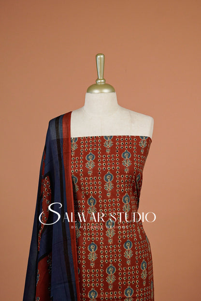 Printed Cotton Unstitched Salwar Suit Dress Material Rust Red AC0326