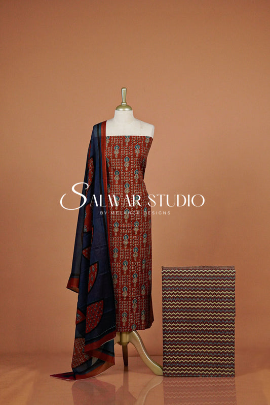 Printed Cotton Unstitched Salwar Suit Dress Material Rust Red AC0326