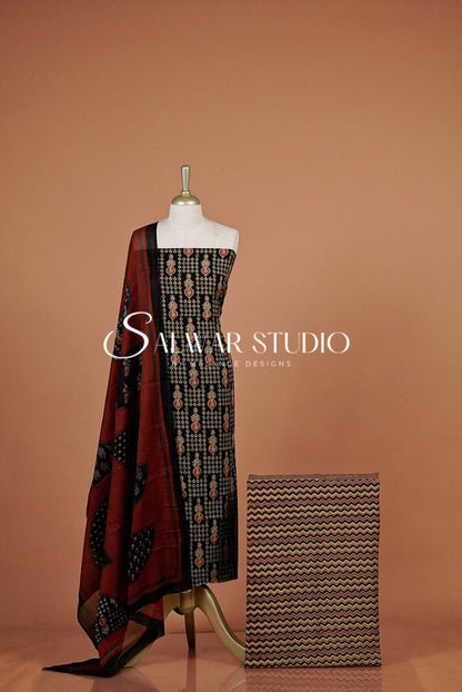 Printed Cotton Unstitched Salwar Suit Dress Material Black AC0327