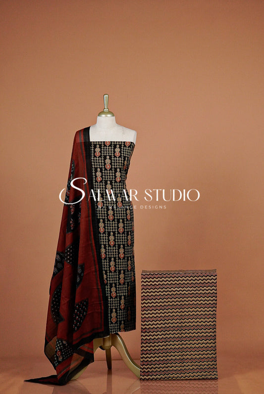 Printed Cotton Unstitched Salwar Suit Dress Material Black AC0327