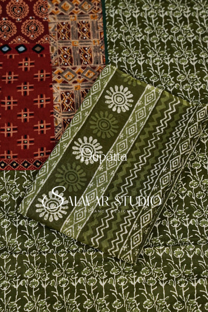 Printed Cotton Unstitched Salwar Suit Dress Material Green AC0271