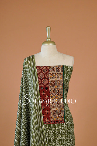 Printed Cotton Unstitched Salwar Suit Dress Material Green AC0271