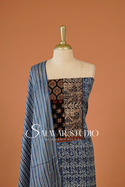 Printed Cotton Unstitched Salwar Suit Dress Material Blue AC0272