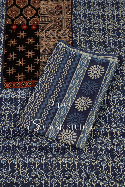 Printed Cotton Unstitched Salwar Suit Dress Material Blue AC0272