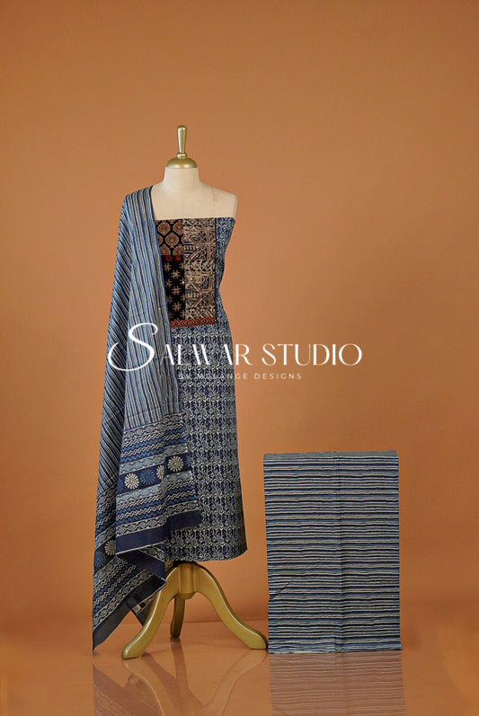 Printed Cotton Unstitched Salwar Suit Dress Material Blue AC0272