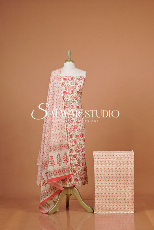 A three-piece women's salwar suit set  featuring a light pink and white floral printed kurta, matching dupatta, and a folded fabric block.