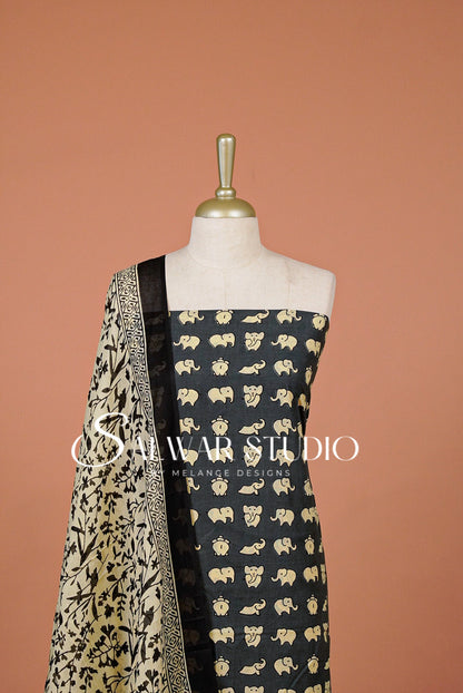 Printed Cotton Unstitched Salwar Suit Dress Material Charcoal Black AC0375