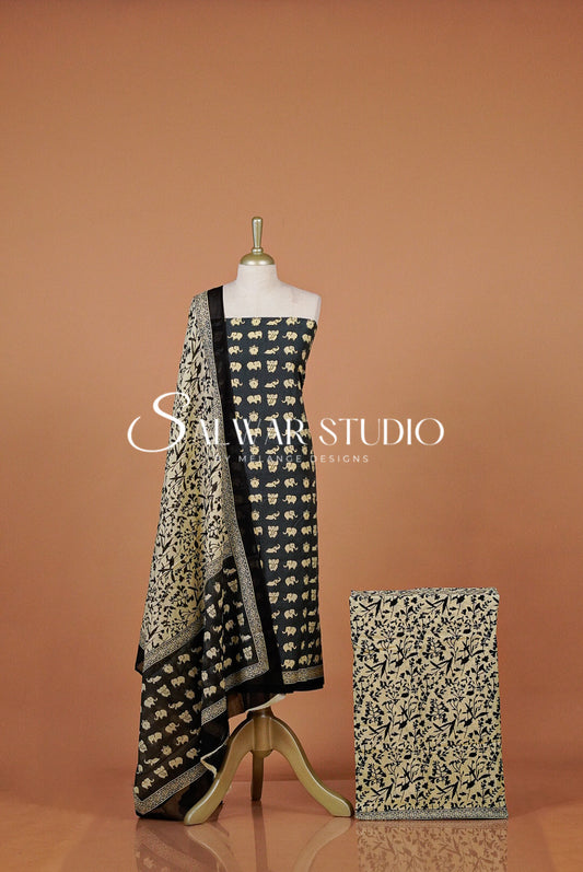 Printed Cotton Unstitched Salwar Suit Dress Material Charcoal Black AC0375