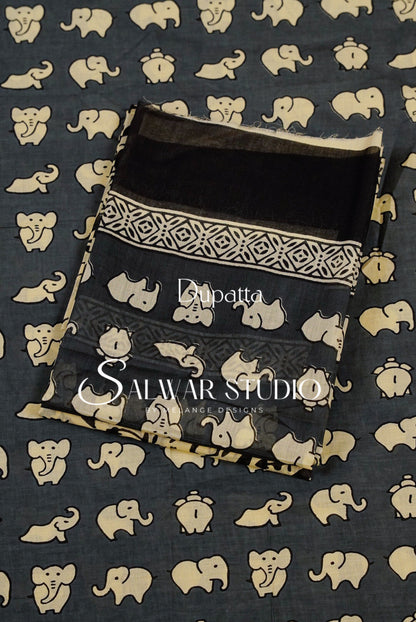 Printed Cotton Unstitched Salwar Suit Dress Material Charcoal Black AC0375