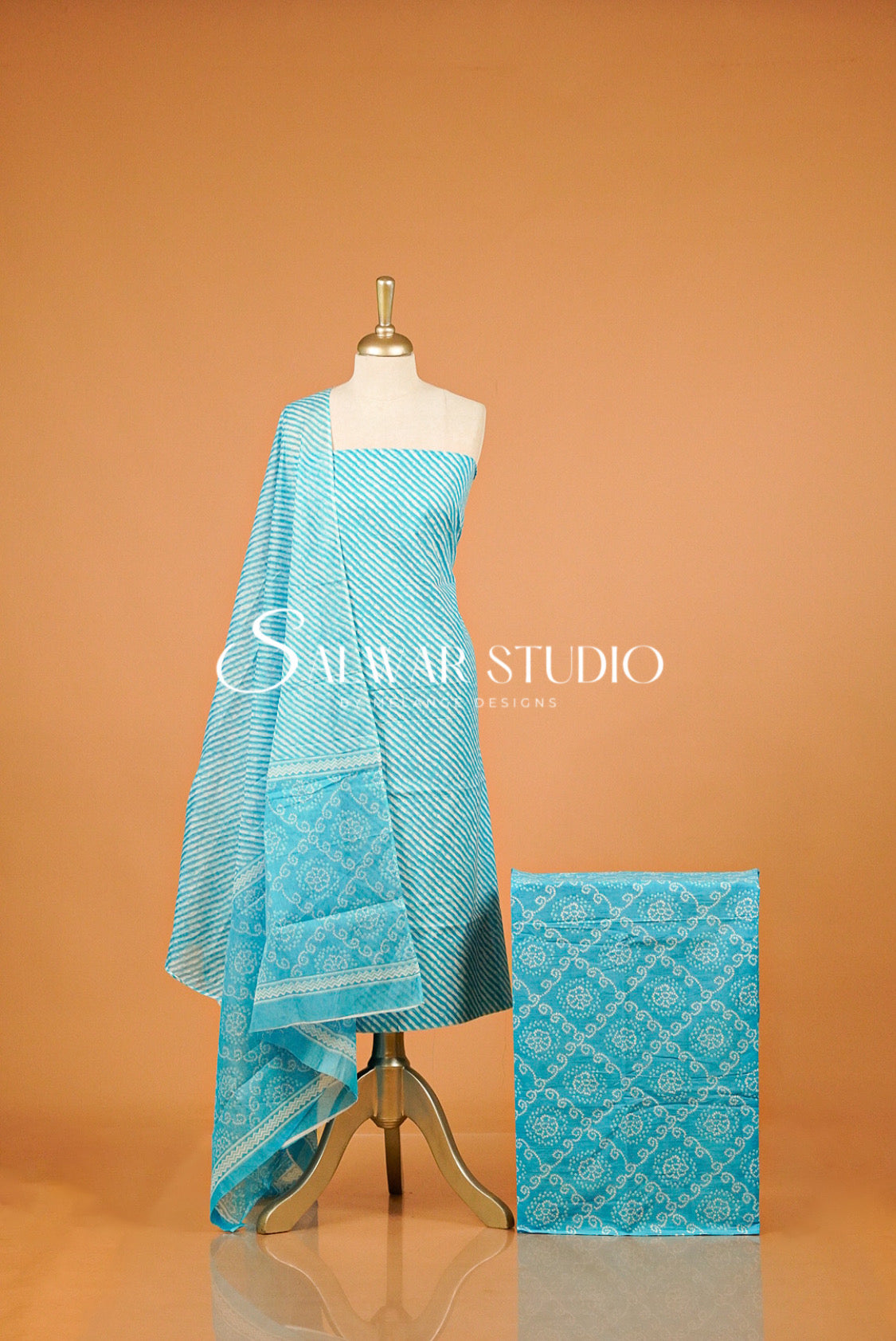Printed Cotton Unstitched Salwar Suit Material Aqua Blue.