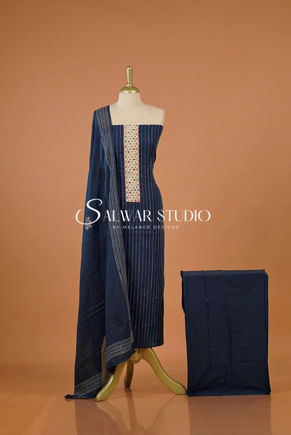 Cotton Embroidery Unstitched Salwar Suit Dress Material Prussian Blue AC0216