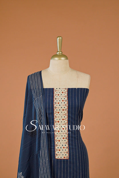 Cotton Embroidery Unstitched Salwar Suit Dress Material Prussian Blue AC0216