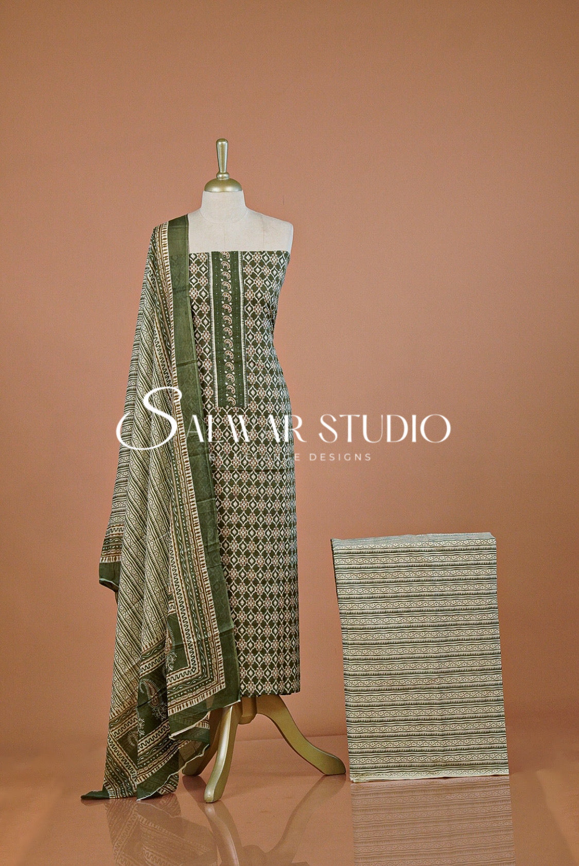 Printed Cotton Unstitched Salwar Suit Dress Material  Olive Green AC0241