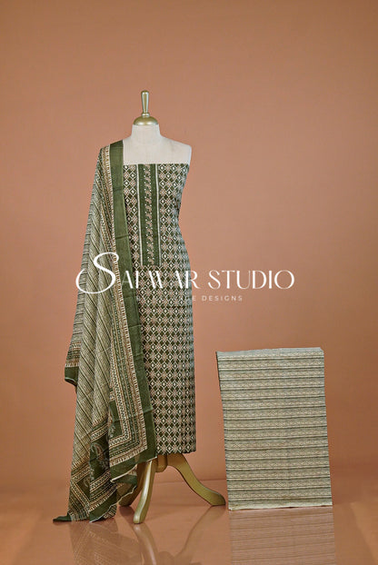 Printed Cotton Unstitched Salwar Suit Dress Material  Olive Green AC0241
