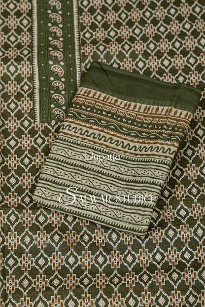 Printed Cotton Unstitched Salwar Suit Dress Material  Olive Green AC0241