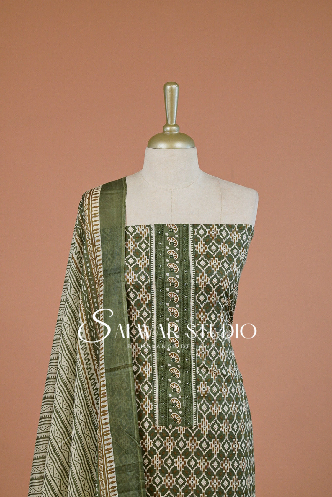 Printed Cotton Unstitched Salwar Suit Dress Material  Olive Green AC0241