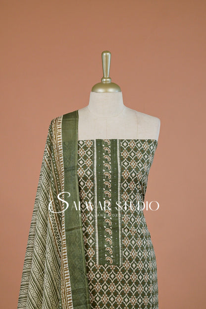 Printed Cotton Unstitched Salwar Suit Dress Material  Olive Green AC0241