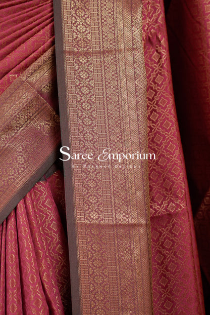 Semi Silk Brocade Saree For Women Rose Pink Side View.