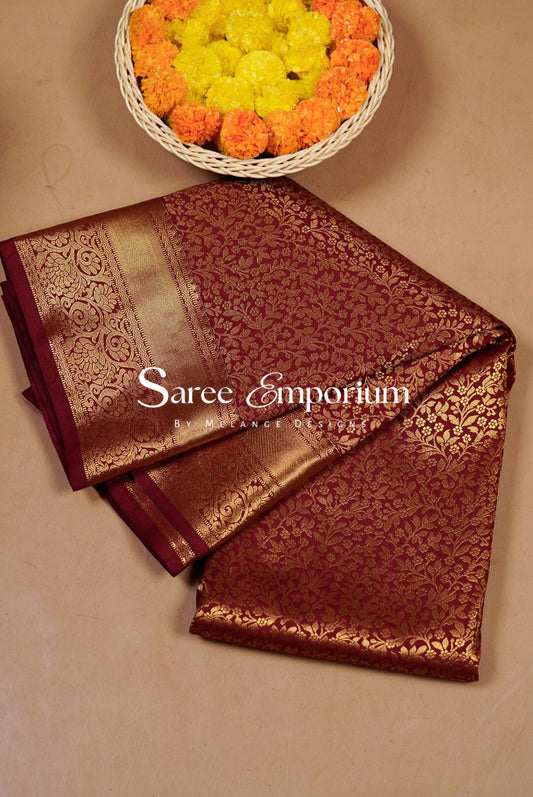 Semi Silk Brocade Saree For Women Deep Maroon.