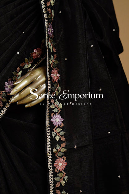 Semi Silk Embroidery Saree For Women Black