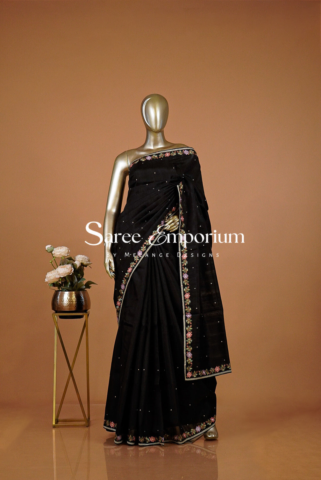 Semi Silk Embroidery Saree For Women Black