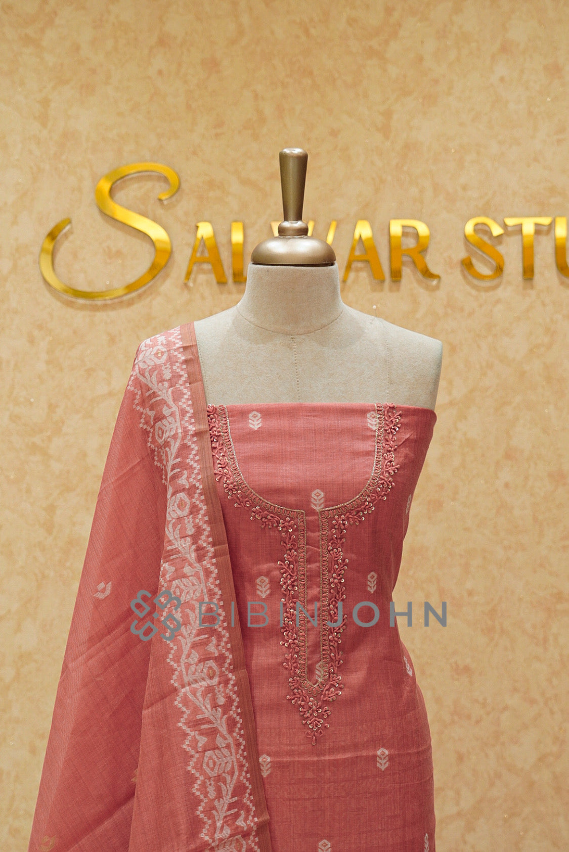 Semi Silk Embroidery Unstitched Salwar Suit Material Terracotta Coral close view