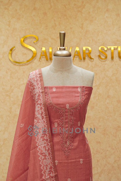 Semi Silk Embroidery Unstitched Salwar Suit Material Terracotta Coral close view