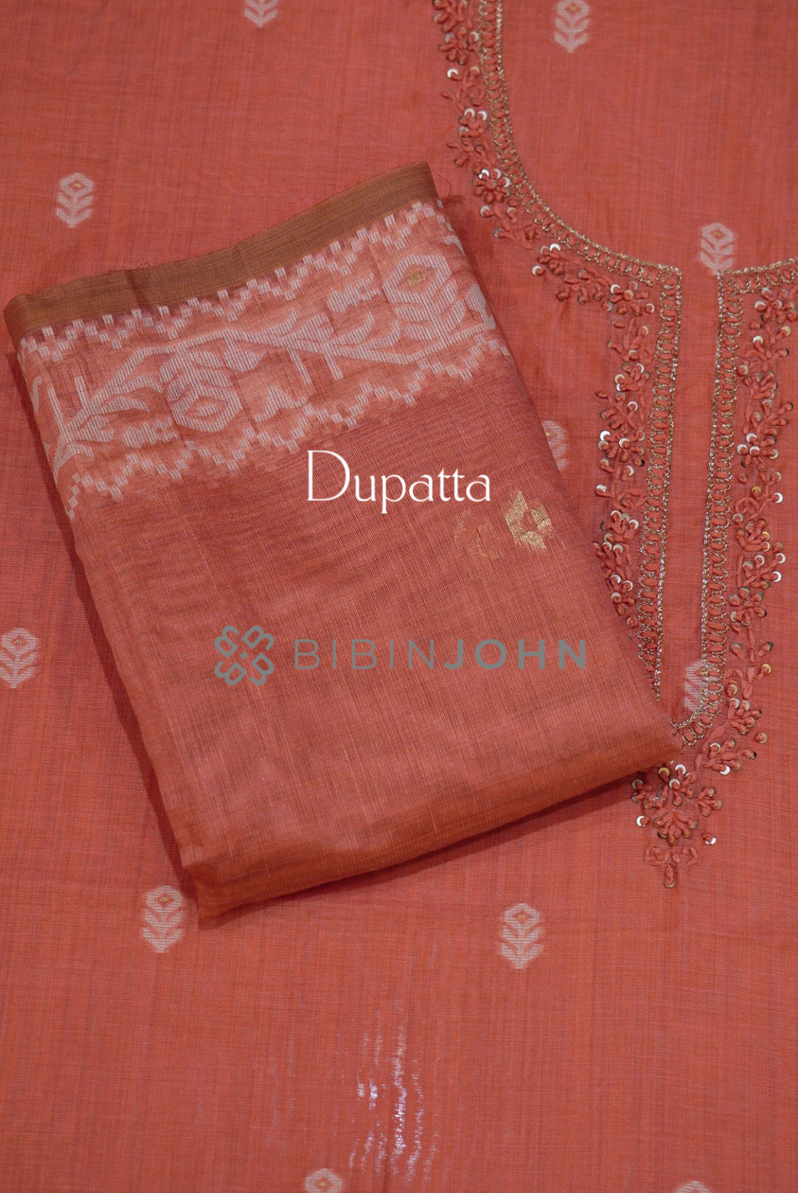 Semi Silk Embroidery Unstitched Salwar Suit Material Terracotta Coral dupatta