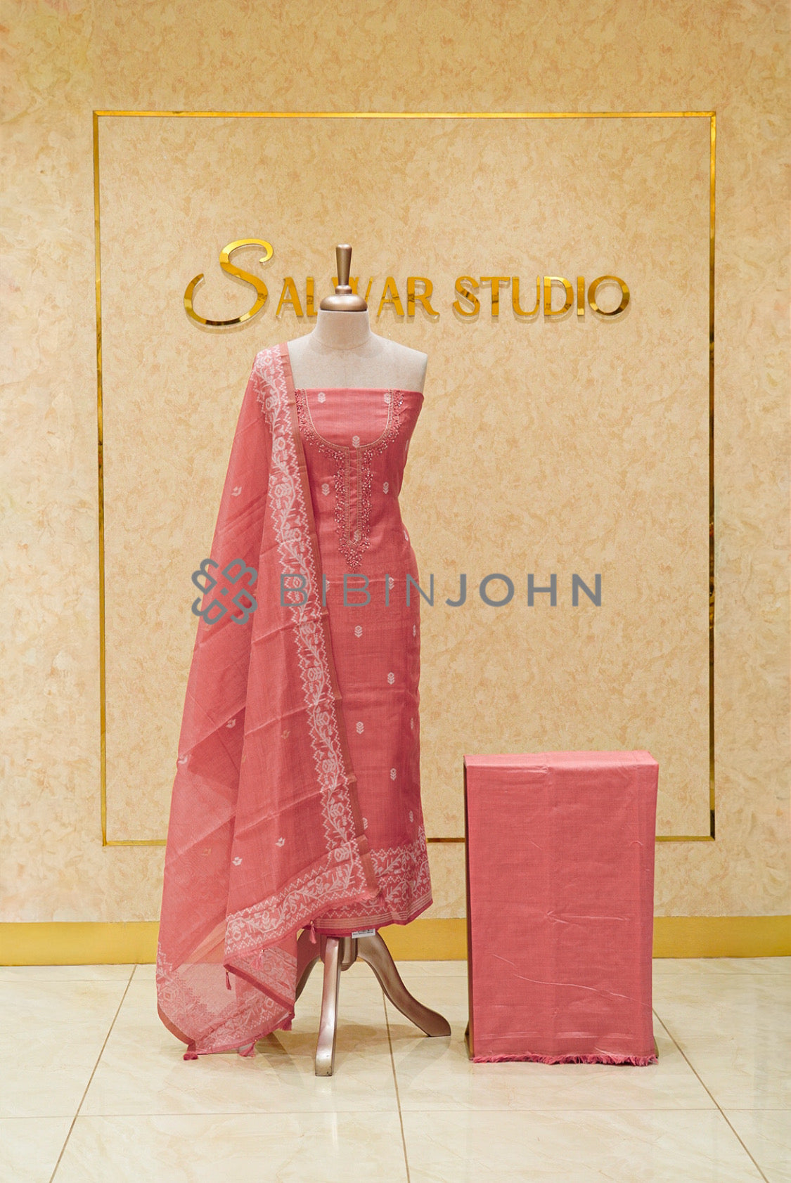 Semi Silk Embroidery Unstitched Salwar Suit Material Terracotta Coral