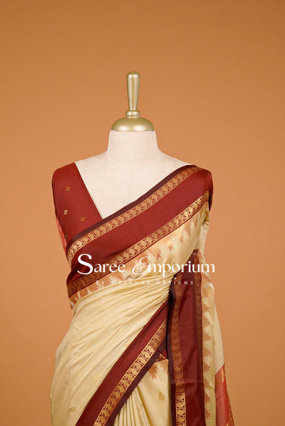 Semi Silk Saree For Women Cream with a Deep Maroon-Red Close Up